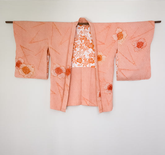 Peach shibori haori with floral lining