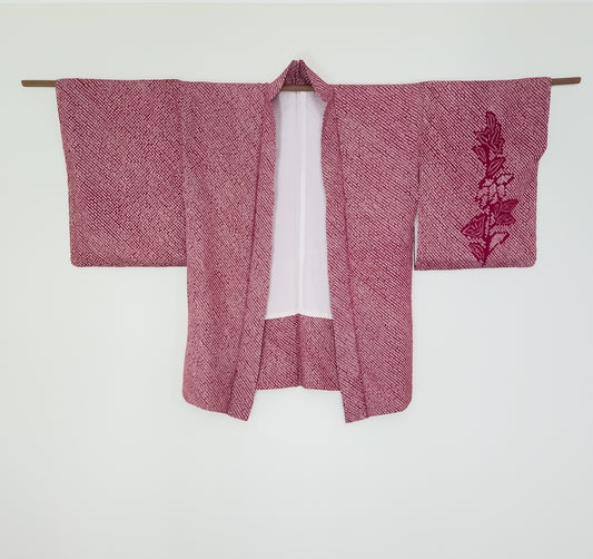 Dark red shibori haori with mixed leaf design