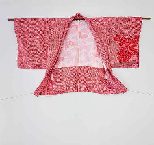Red shibori haori with asymmetrical plant design