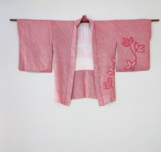 Red shibori haori with branches and leaves motif