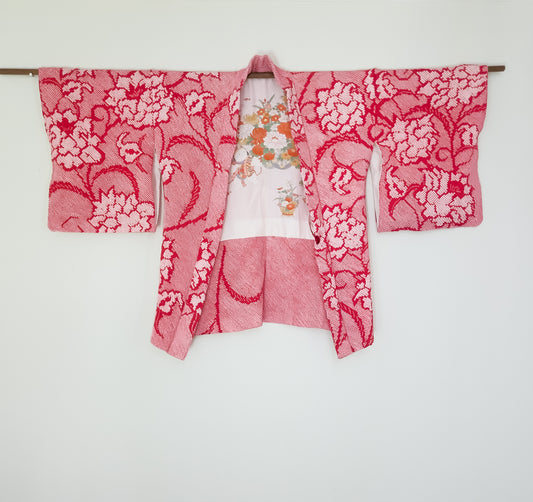 Red shibori haori with camellia design