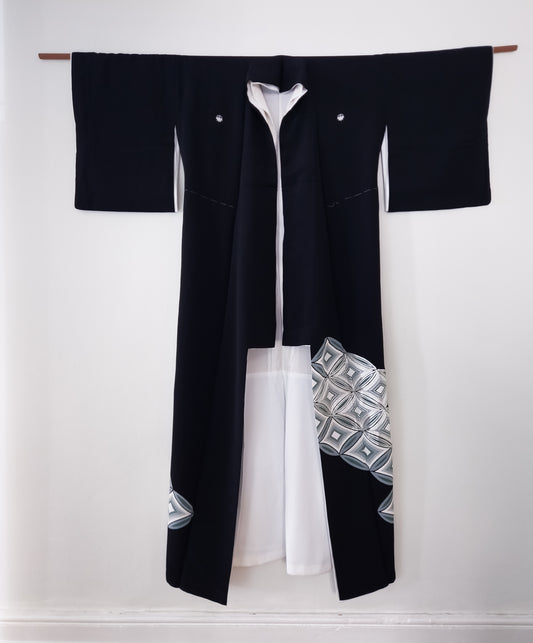 Formal black kimono with embroidery and print