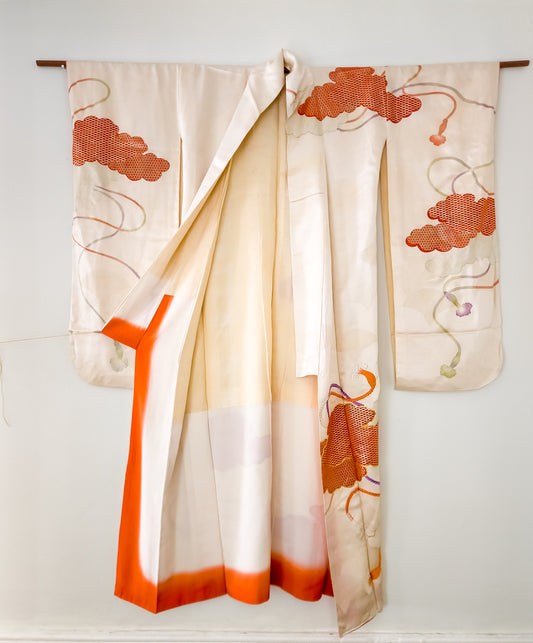 White furisode kimono with print and embroidery