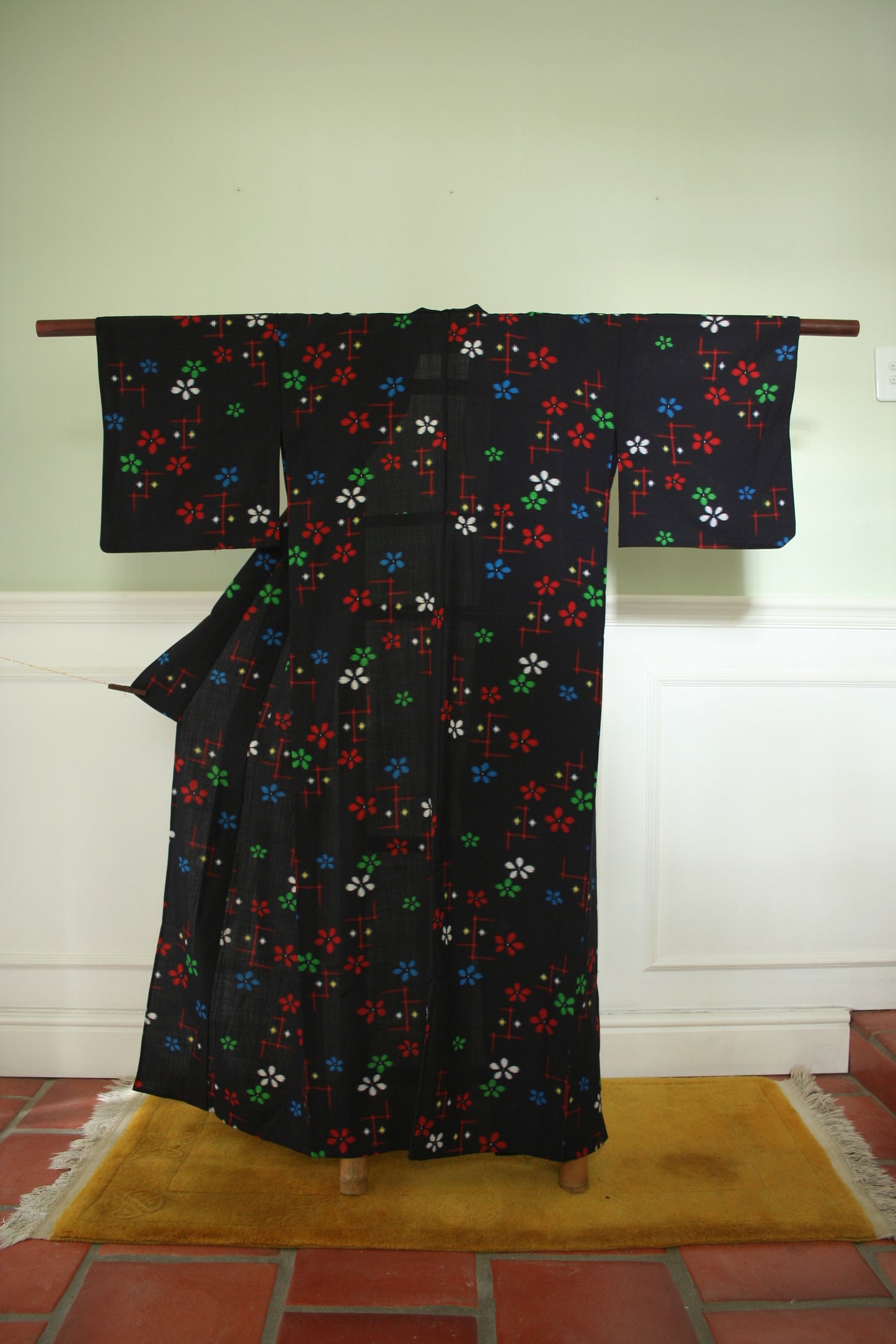 Indigo base with colourful blossom kasuri