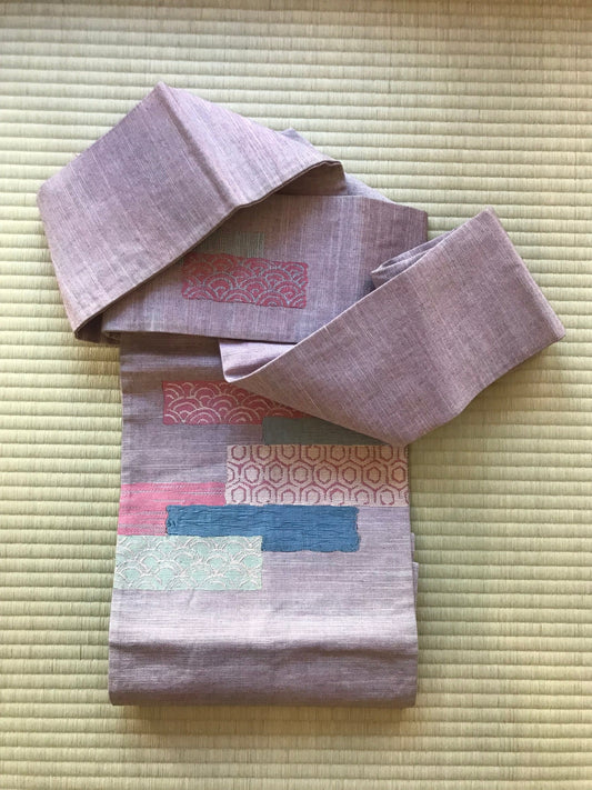 Grey and pink Silk nagoya obi
