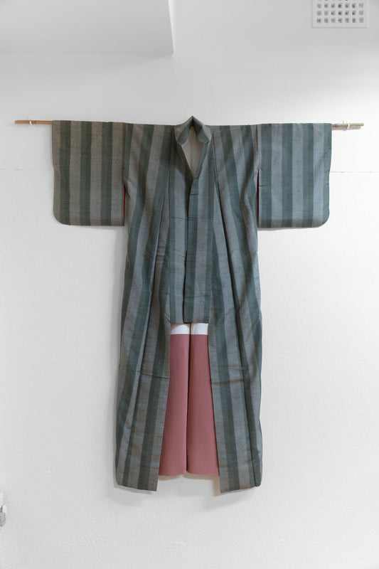 Green bamboo-stripe drapy silk kimono