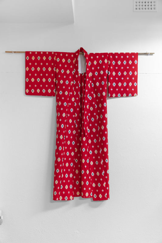 red wool with multicolor kasuri threads kimono
