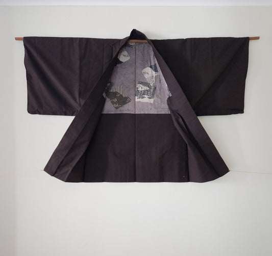 Brown-black tsumugi heavy silk haori
