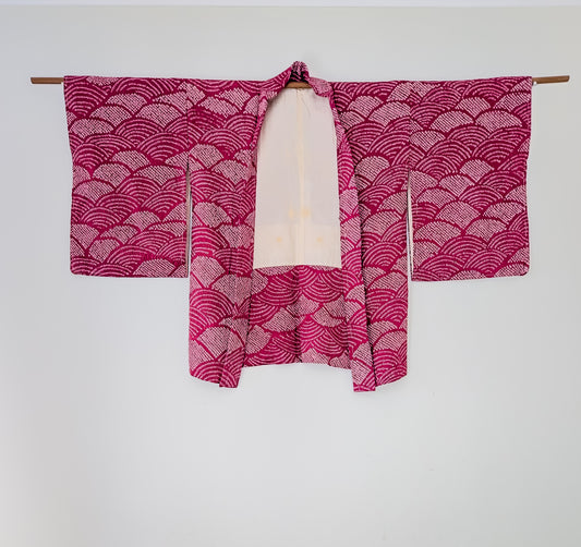 Deep red wave motif shibori haori
