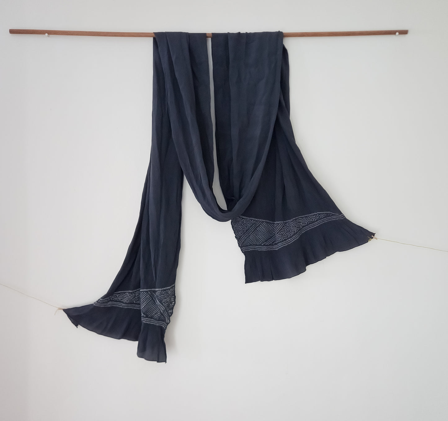 Lightweight silk obi, indigo with wave shibori detail