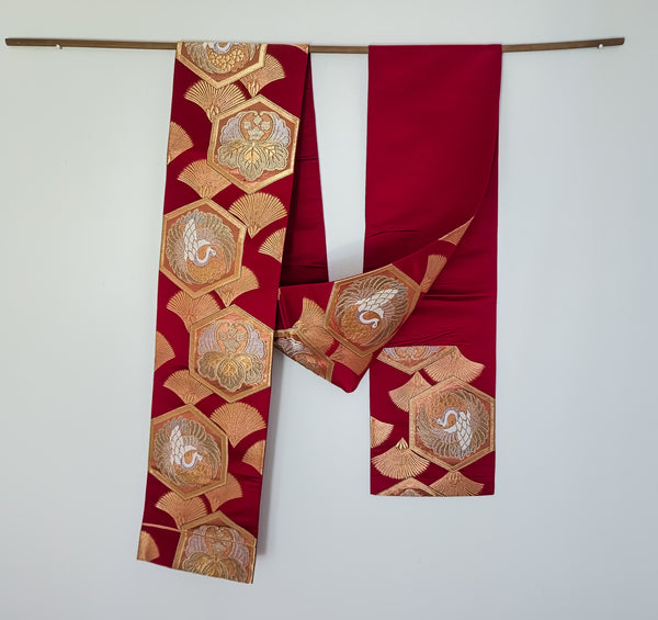 Red and gold wedding obi with cranes and pauwlonia – Kimono and Silk