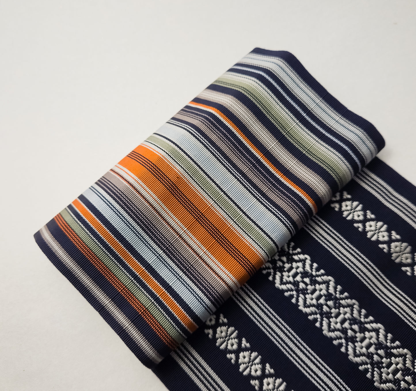 Indigo spear and stripe half-width obi