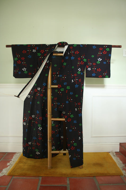 Indigo base with colourful blossom kasuri