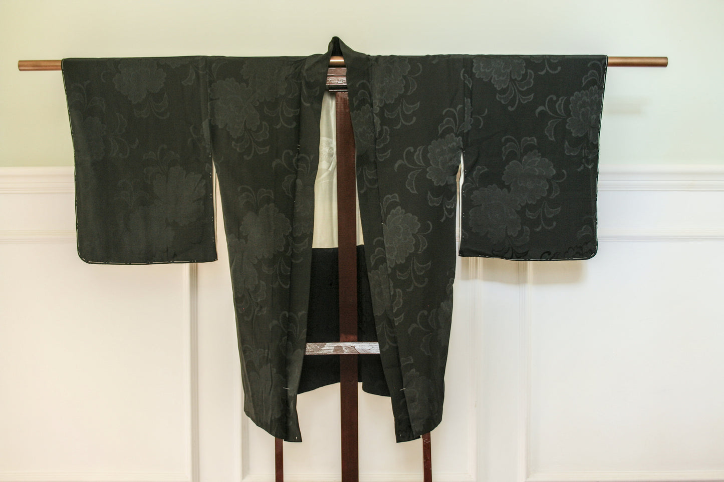Black silk kimono jacket, jacquard camellia design