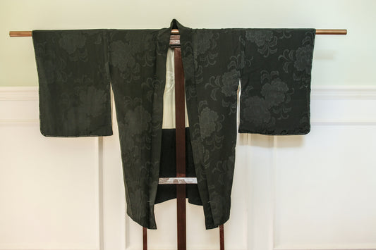 Black silk kimono jacket, jacquard camellia design