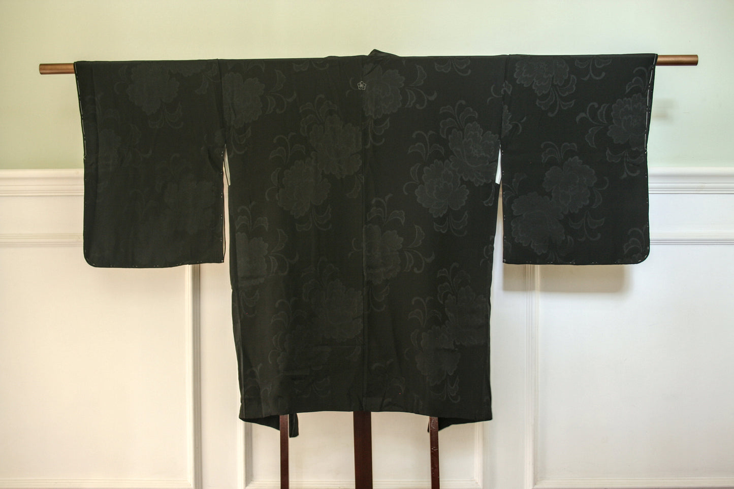 Black silk kimono jacket, jacquard camellia design